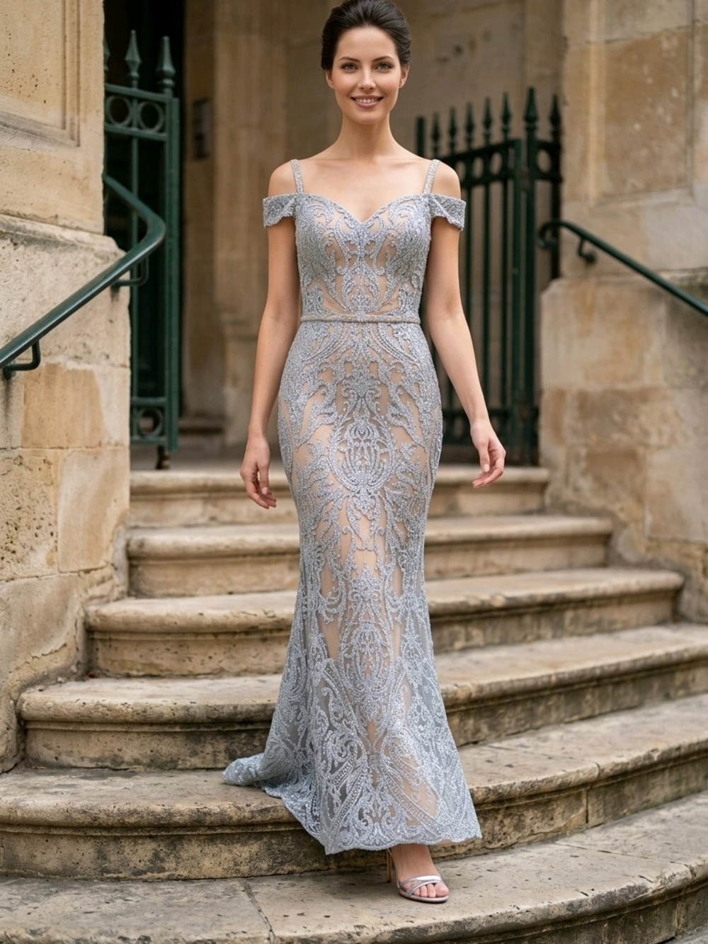 Off-Shoulder Embroidered Maxi Dress in Light Gray